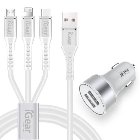 Buy CAR CHARGER - DUAL USB WITH 3 IN 1 CABLE (USB-C/8PIN/MICRO USB) - WHITE in NZ. 