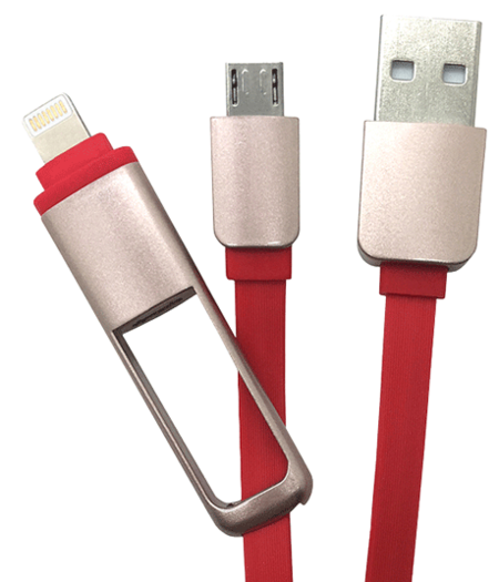 2 IN 1 - USB TO MICRO USB OR iPhone MODELS 5 TO 14 - 1M CABLE - RED/BLACK*