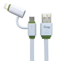 2 IN 1 - USB TO MICRO USB DEVICES OR iPhone MODELS 5 TO 14 - 1M CABLE - WHITE/GREEN*