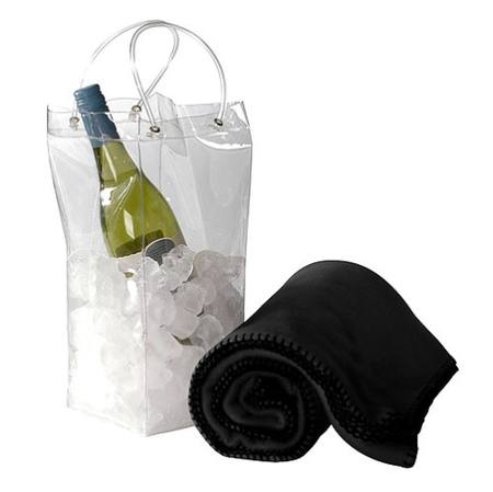 Fleece Blanket - Black with Wine Tote Picnic Bag*