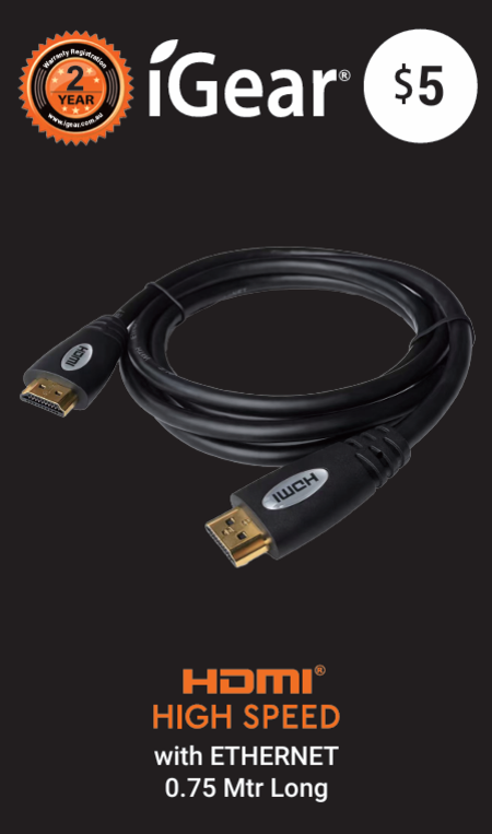 iGEAR HDMI PLUG TO HDMI PLUG 75cm LEAD