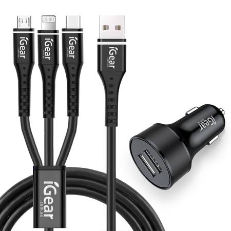 CAR CHARGER - DUAL USB WITH 3 IN 1 CABLE (USB-C/8PIN/MICRO USB) - BLACK