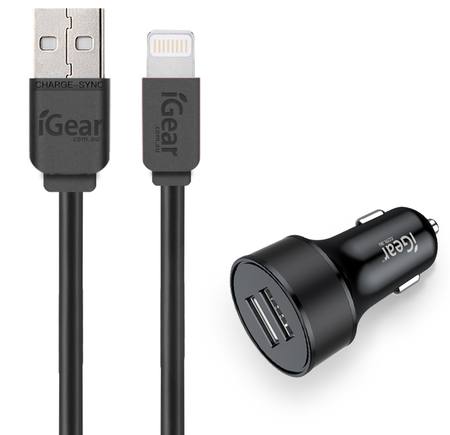 CAR CHARGER - DUAL USB WITH CABLE SUIT FOR iPhone 5 to 14 - BLACK*