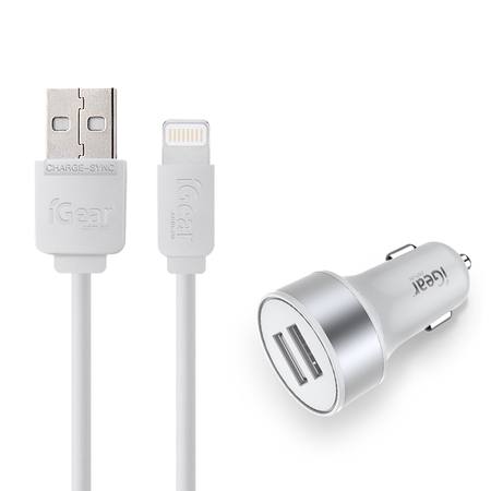 CAR CHARGER - DUAL USB WITH CABLE SUIT FOR iPhone 5 to 13 - WHITE