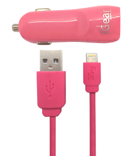 CAR CHARGER - DUAL USB WITH CABLE SUIT FOR iPhone 5 to 14 - PINK*