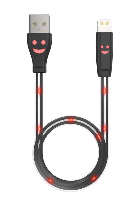 USB TO 8 PIN - SUIT iPhone MODELS 5 to 13 - LED - 1M CABLE - SIMLEY FACE - BLACK