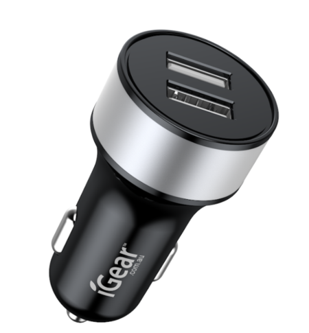 CAR CHARGER - DUAL USB 2.4A - BLACK/SILVER*