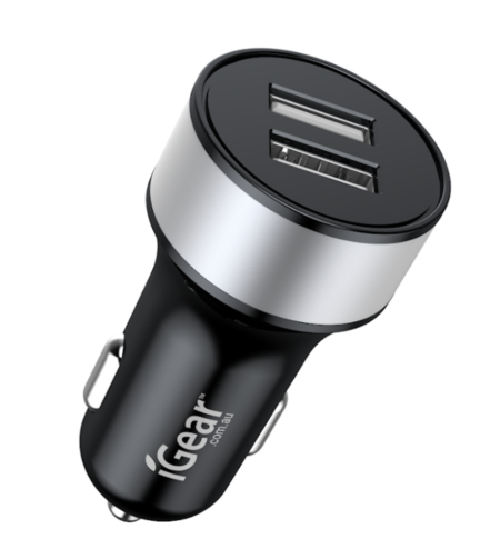 CAR CHARGER - DUAL USB 2.4A - BLACK/SILVER