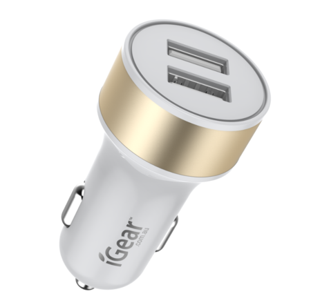 CAR CHARGER - DUAL USB 2.4A - WHITE/GOLD*