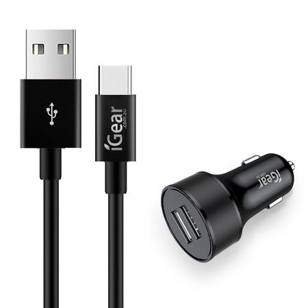 CAR CHARGER - DUAL USB WITH USB-C (Type C) CABLE - BLACK