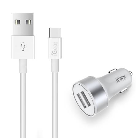 CAR CHARGER - DUAL USB WITH USB-C (Type C) CABLE - WHITE