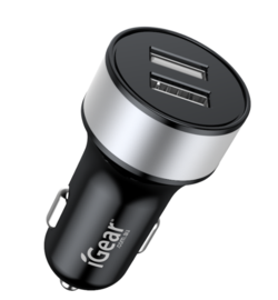 CAR CHARGER - DUAL USB 2.4A - BLACK/SILVER*